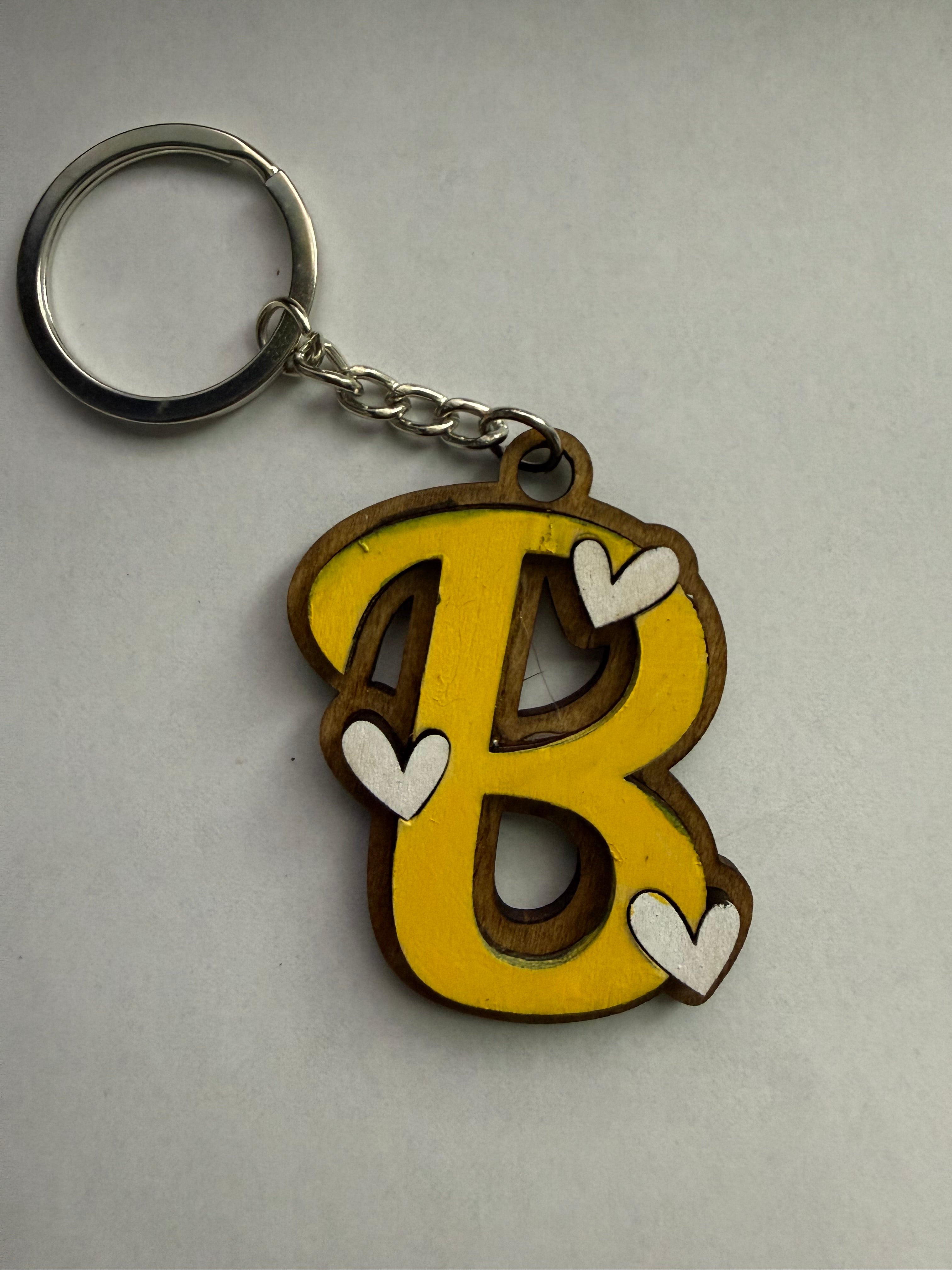 Wood Initial Keychain with Hearts