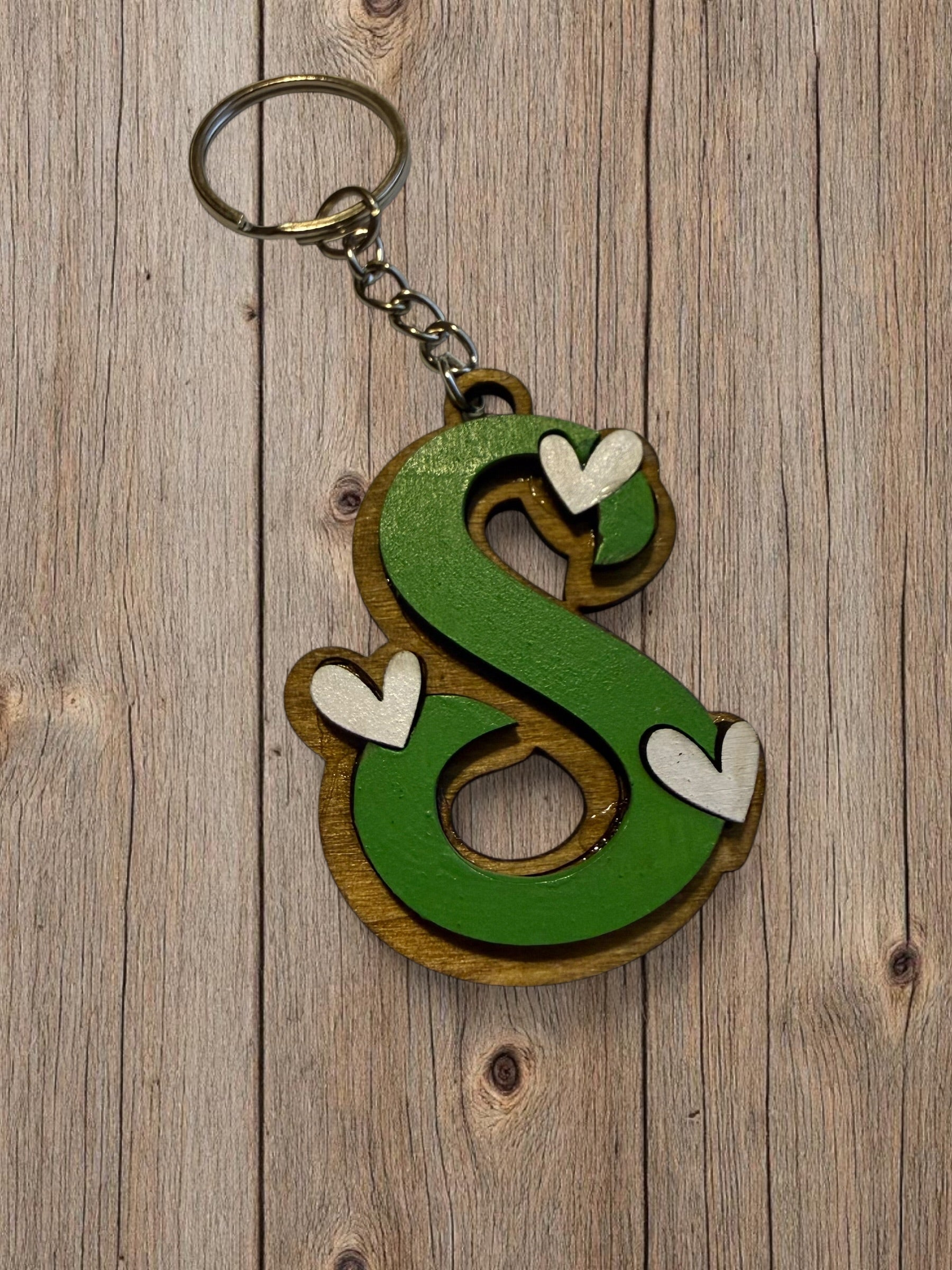 Wood Initial Keychain with Hearts