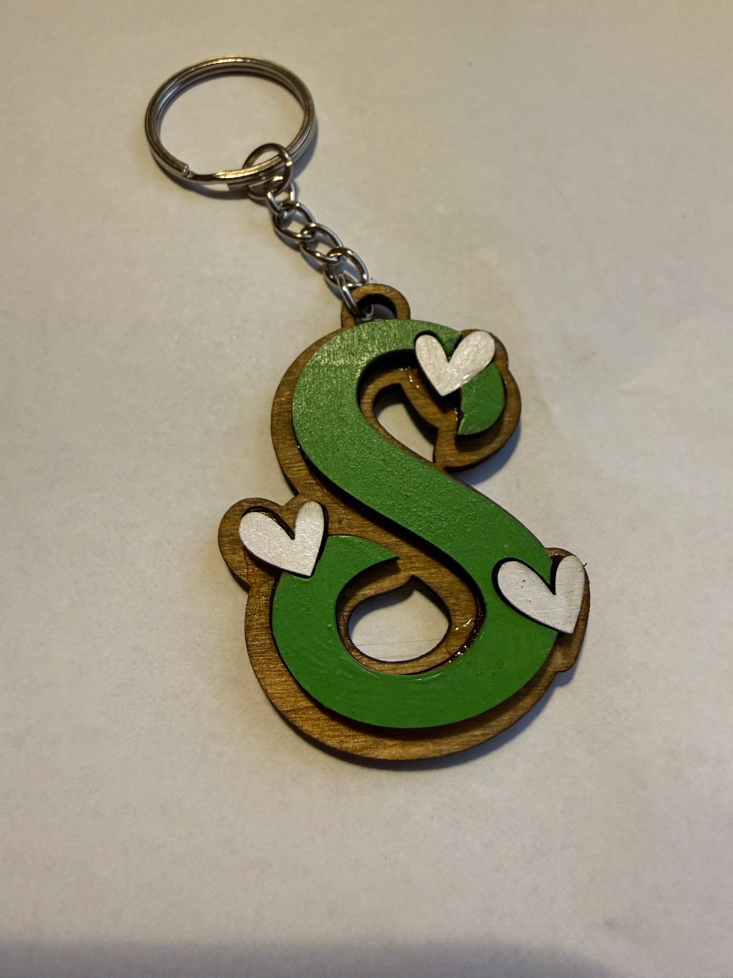 Wood Initial Keychain with Hearts