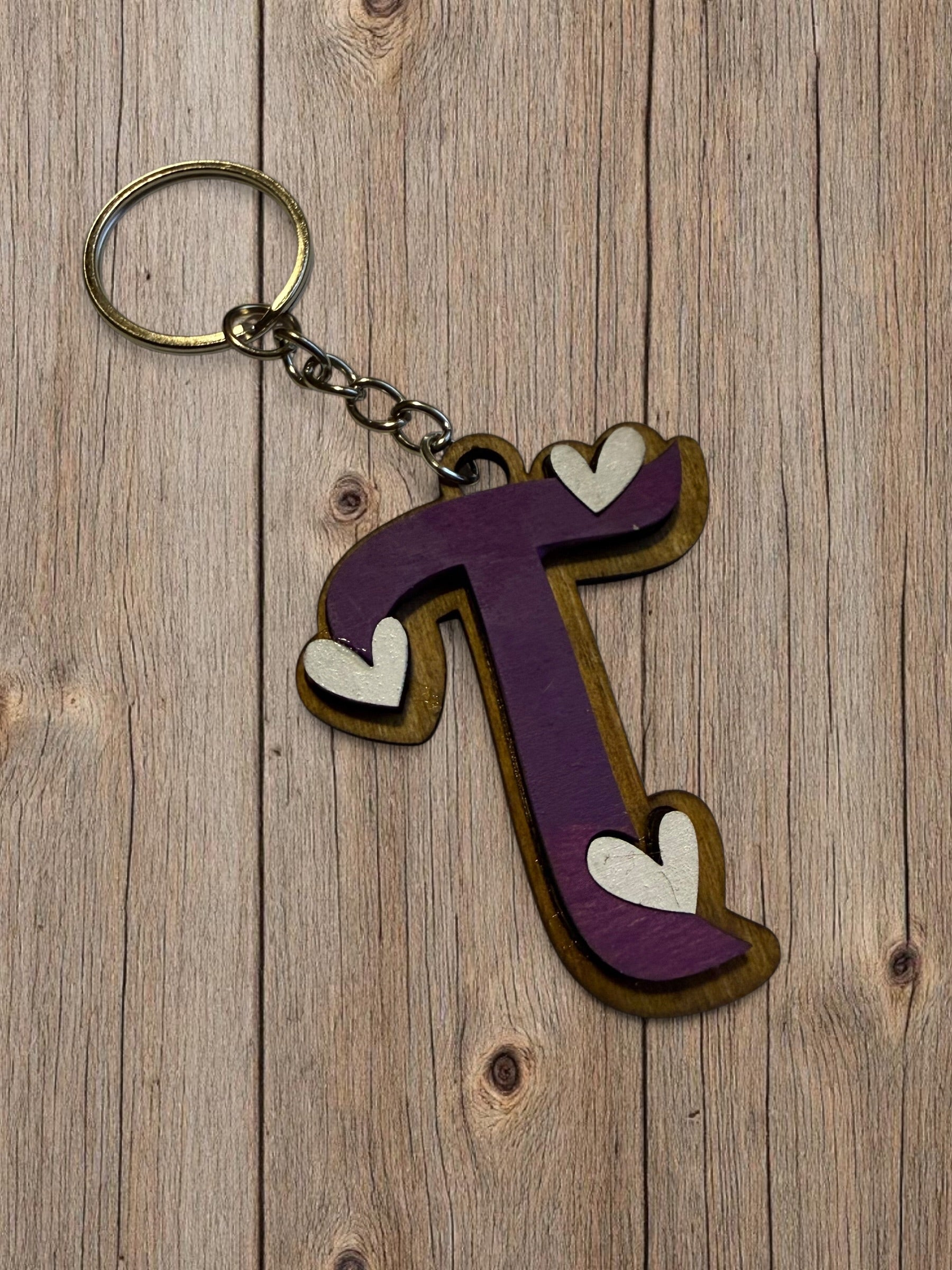 Wood Initial Keychain with Hearts