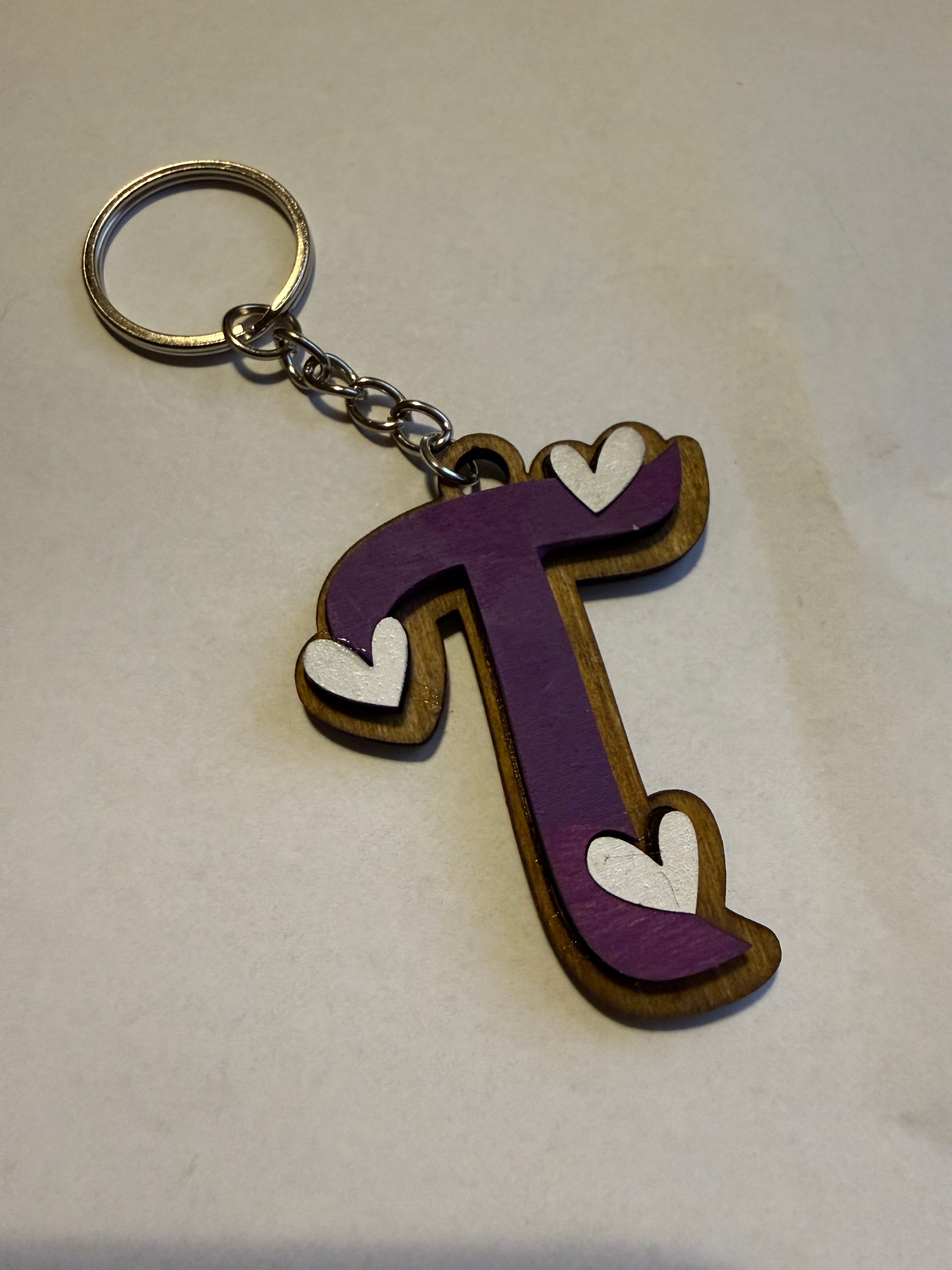 Wood Initial Keychain with Hearts