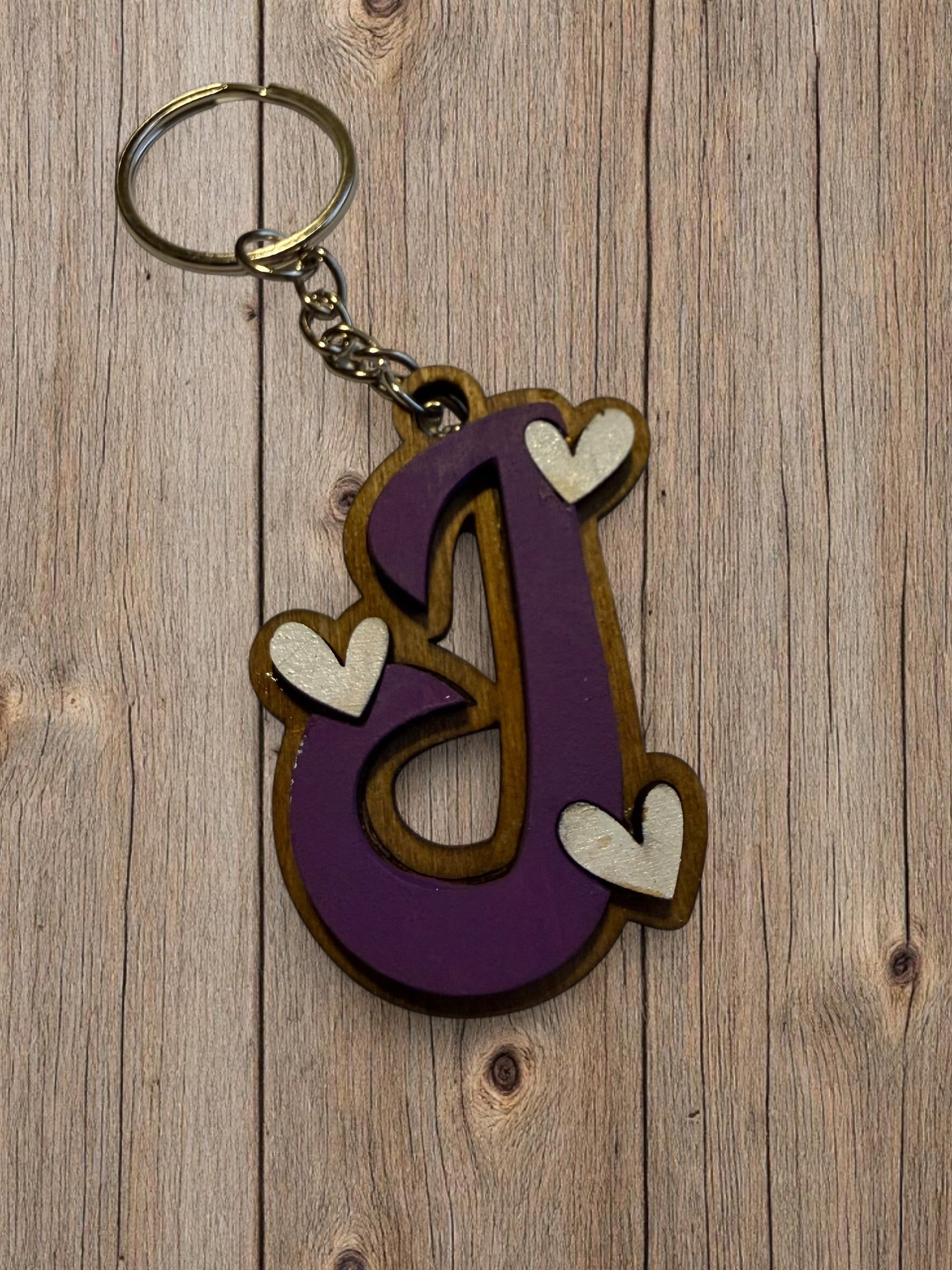 Wood Initial Keychain with Hearts