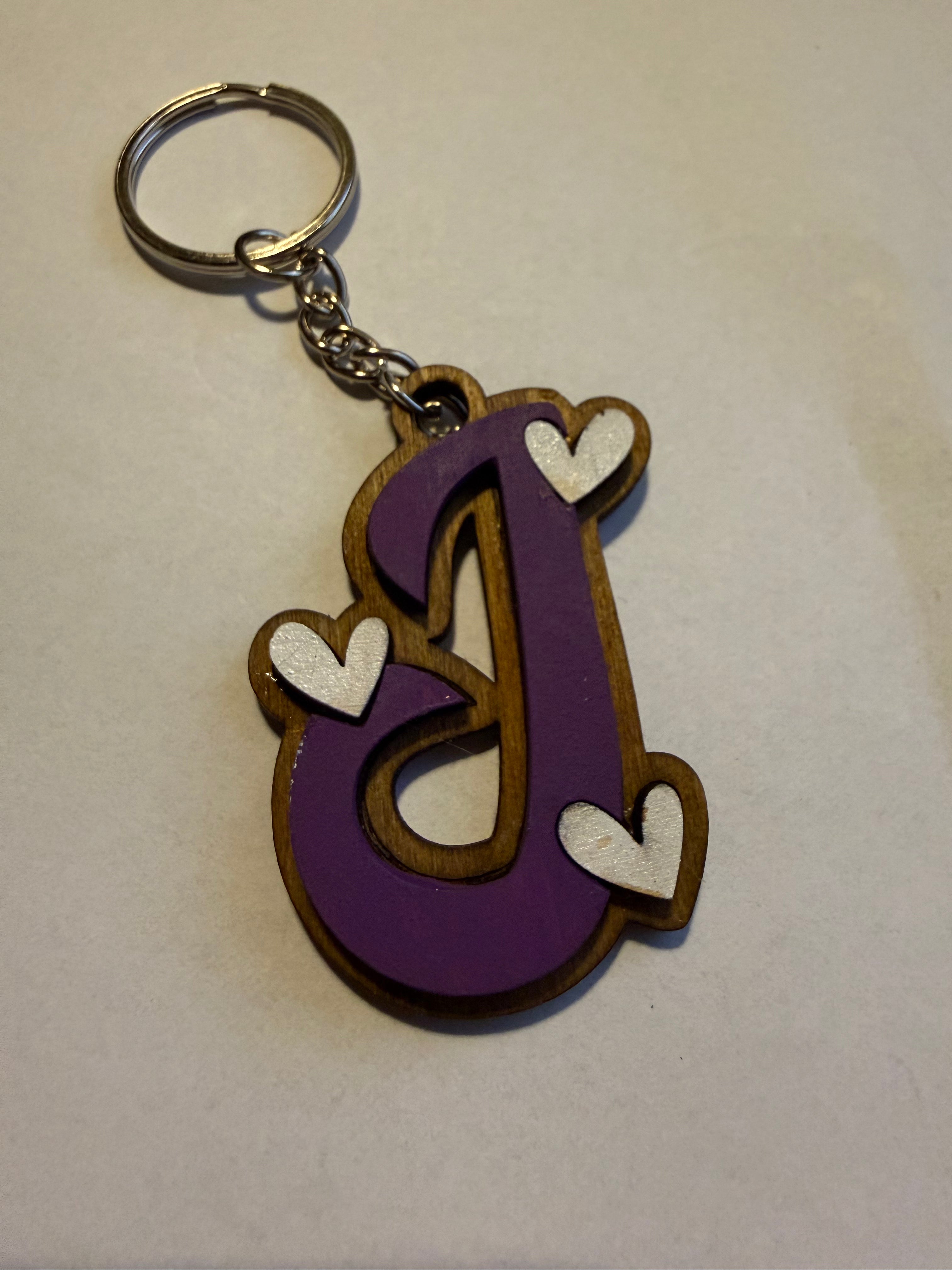 Wood Initial Keychain with Hearts