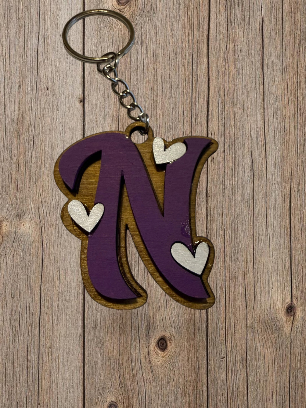 Wood Initial Keychain with Hearts