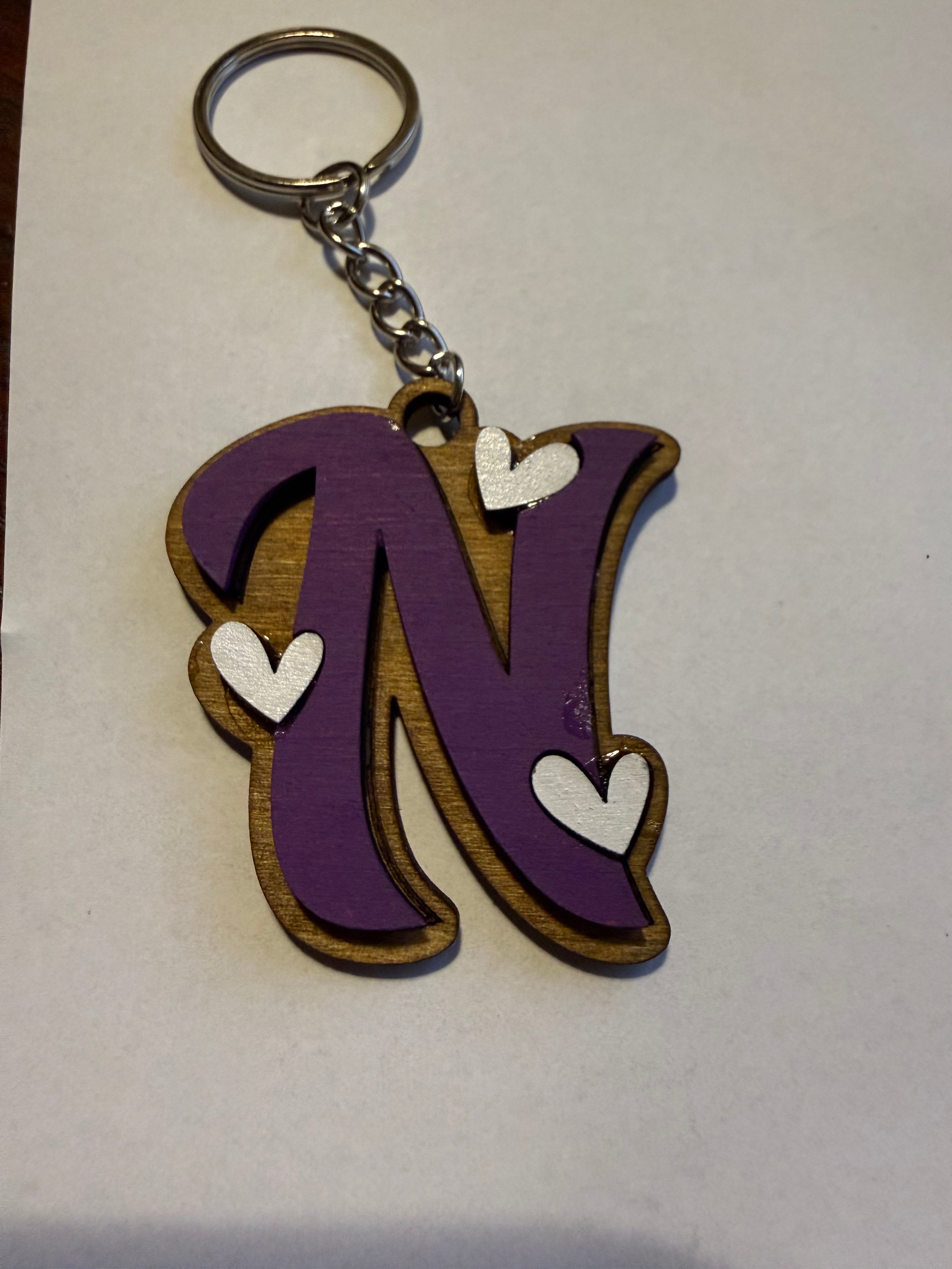 Wood Initial Keychain with Hearts
