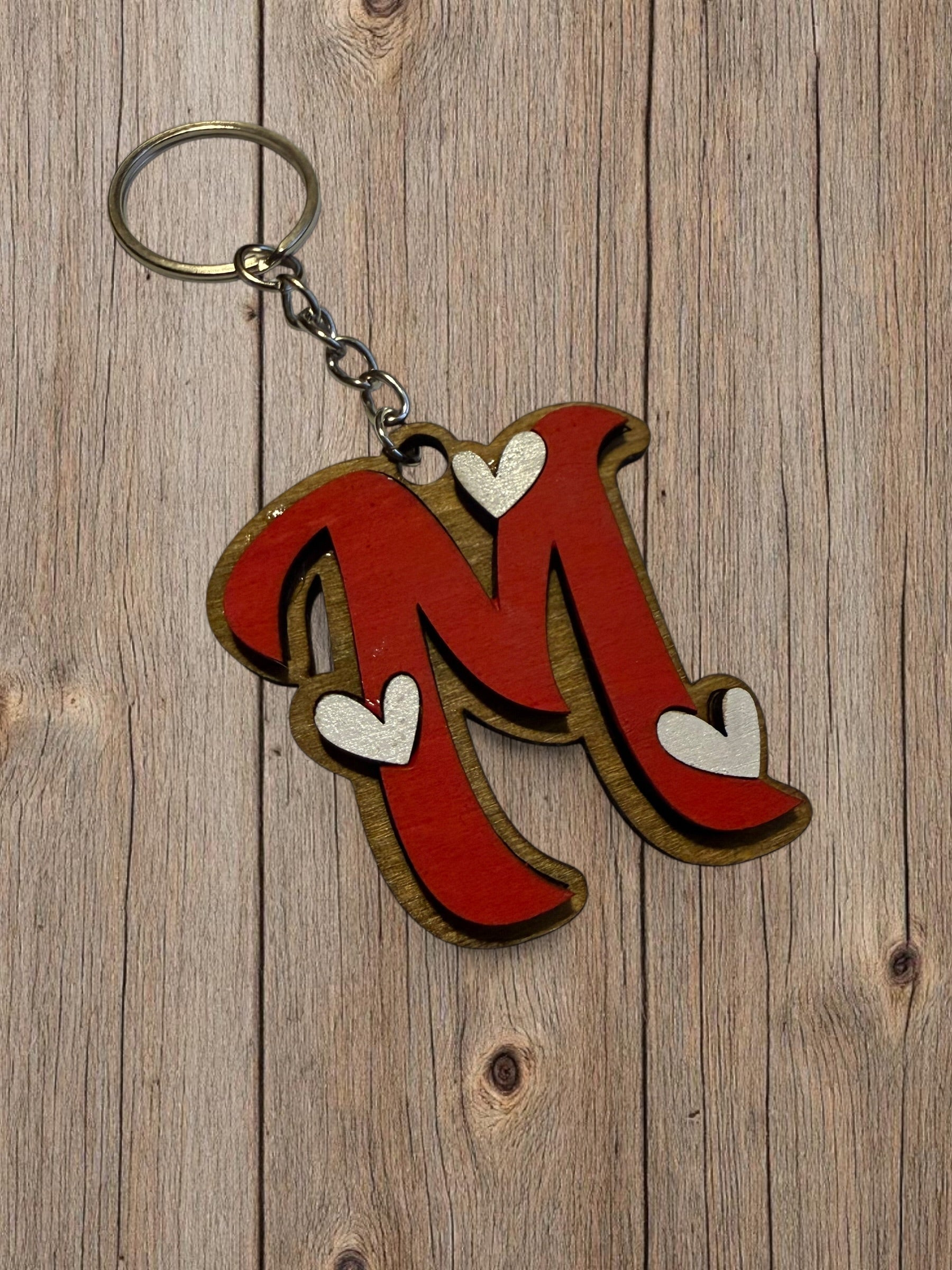 Wood Initial Keychain with Hearts