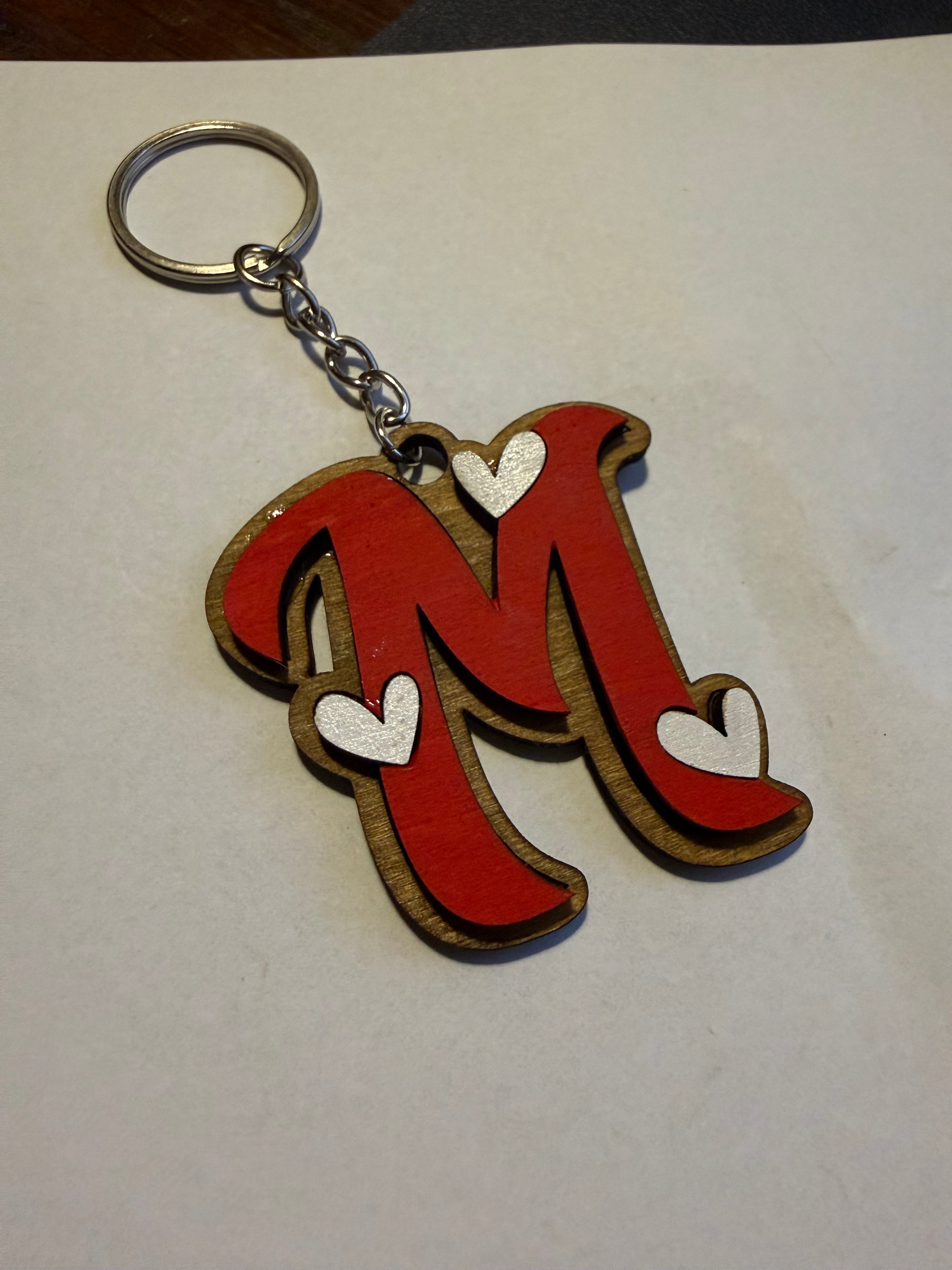 Wood Initial Keychain with Hearts