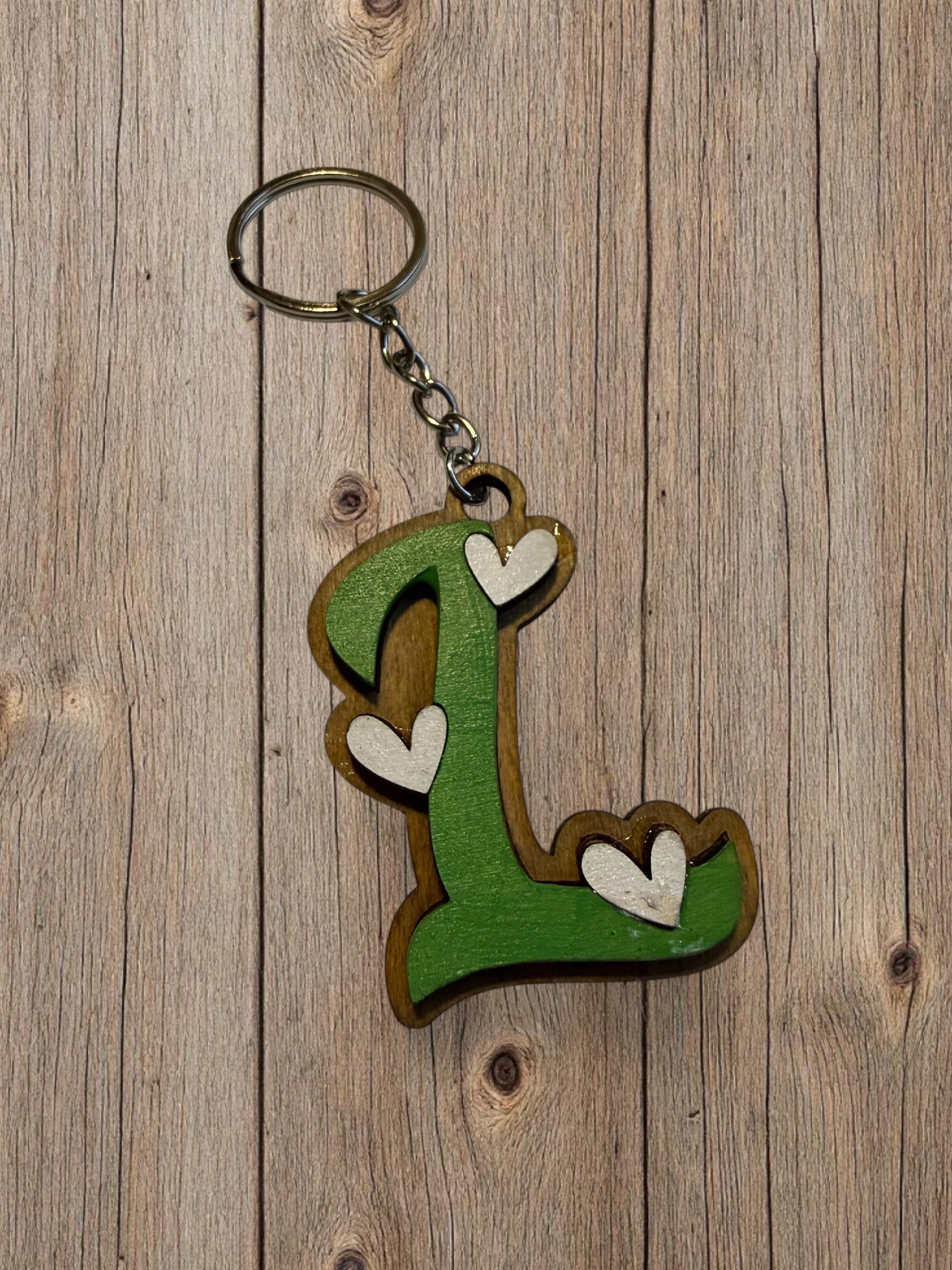Wood Initial Keychain with Hearts