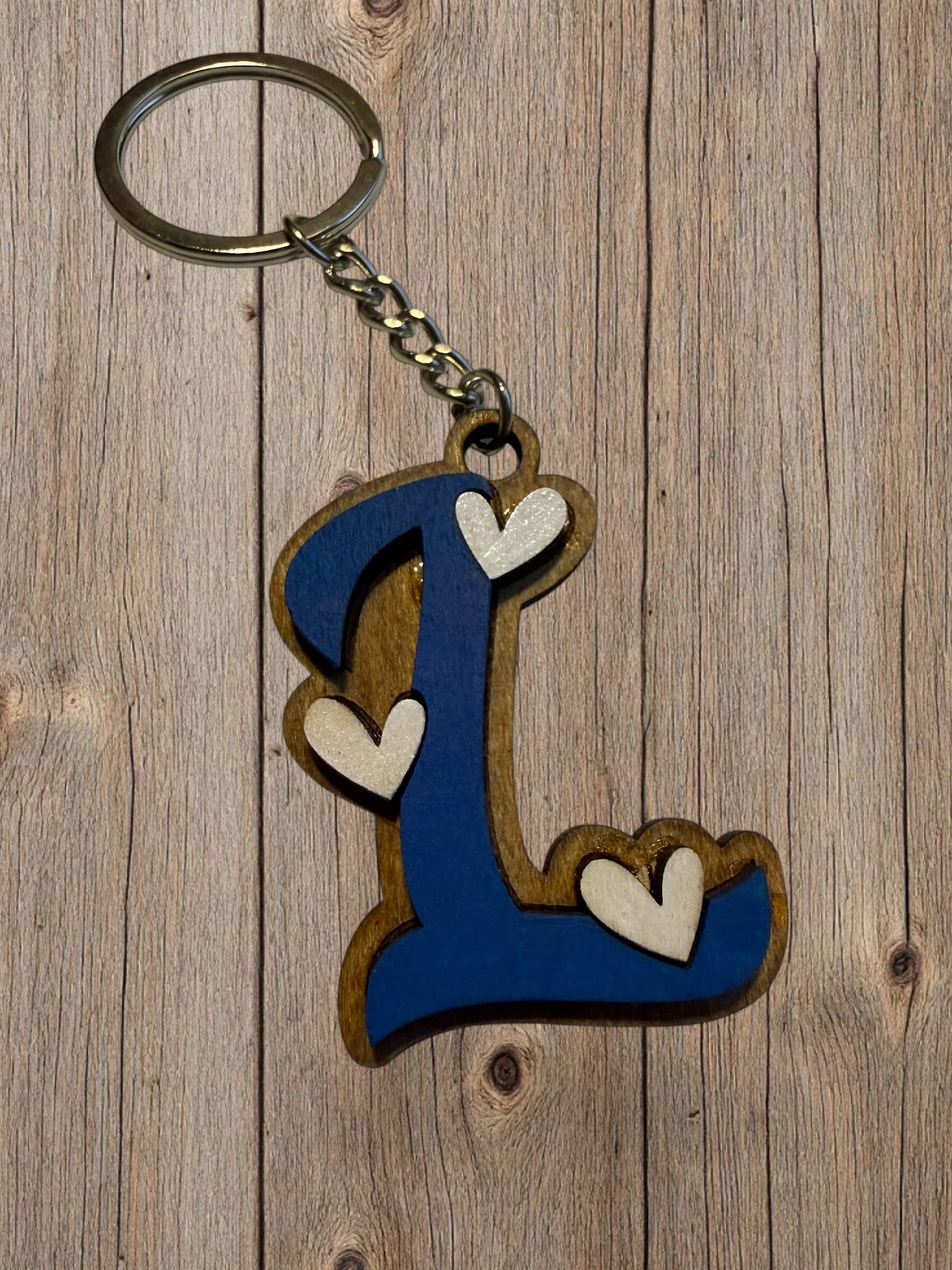 Wood Initial Keychain with Hearts