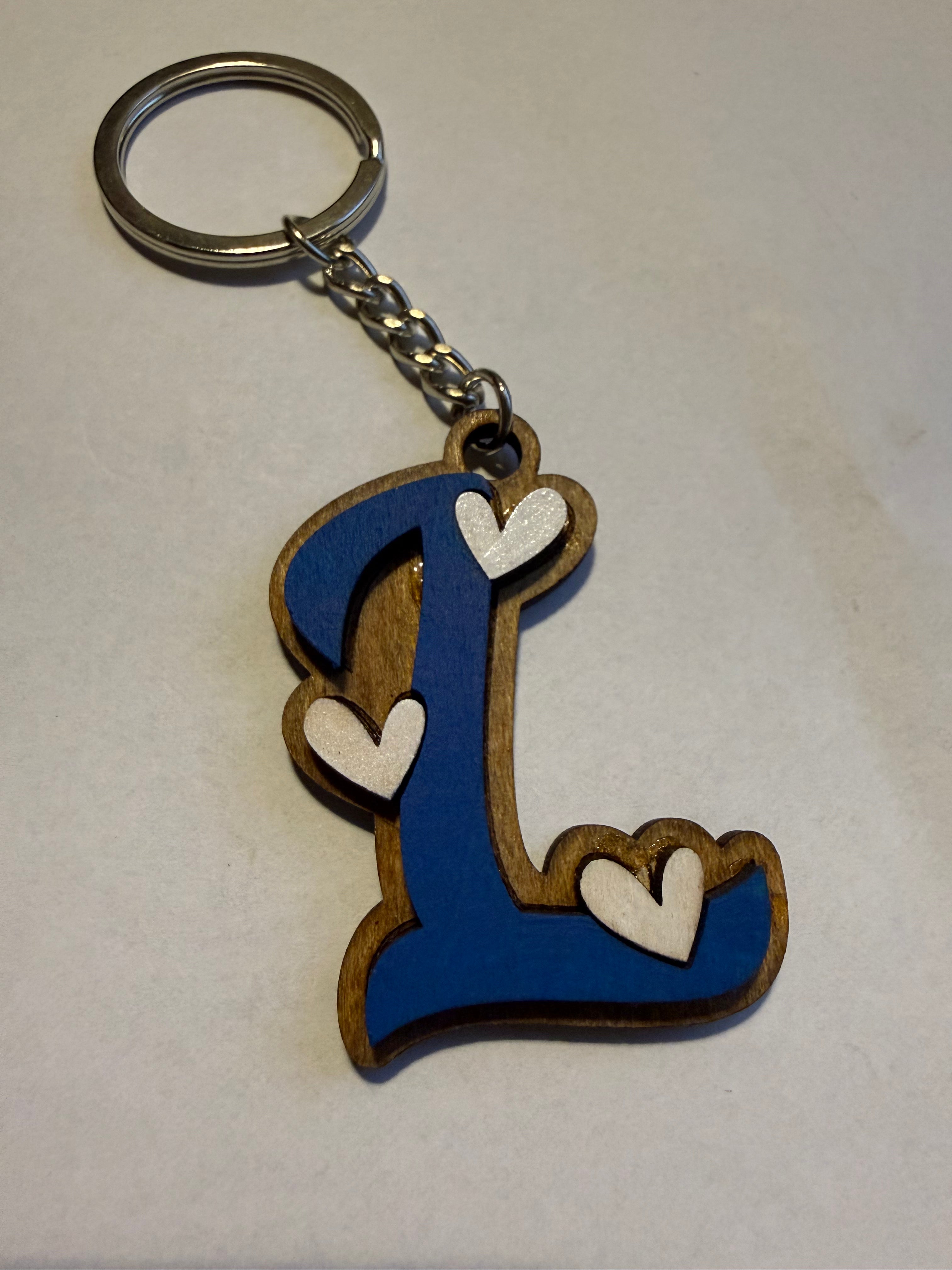 Wood Initial Keychain with Hearts