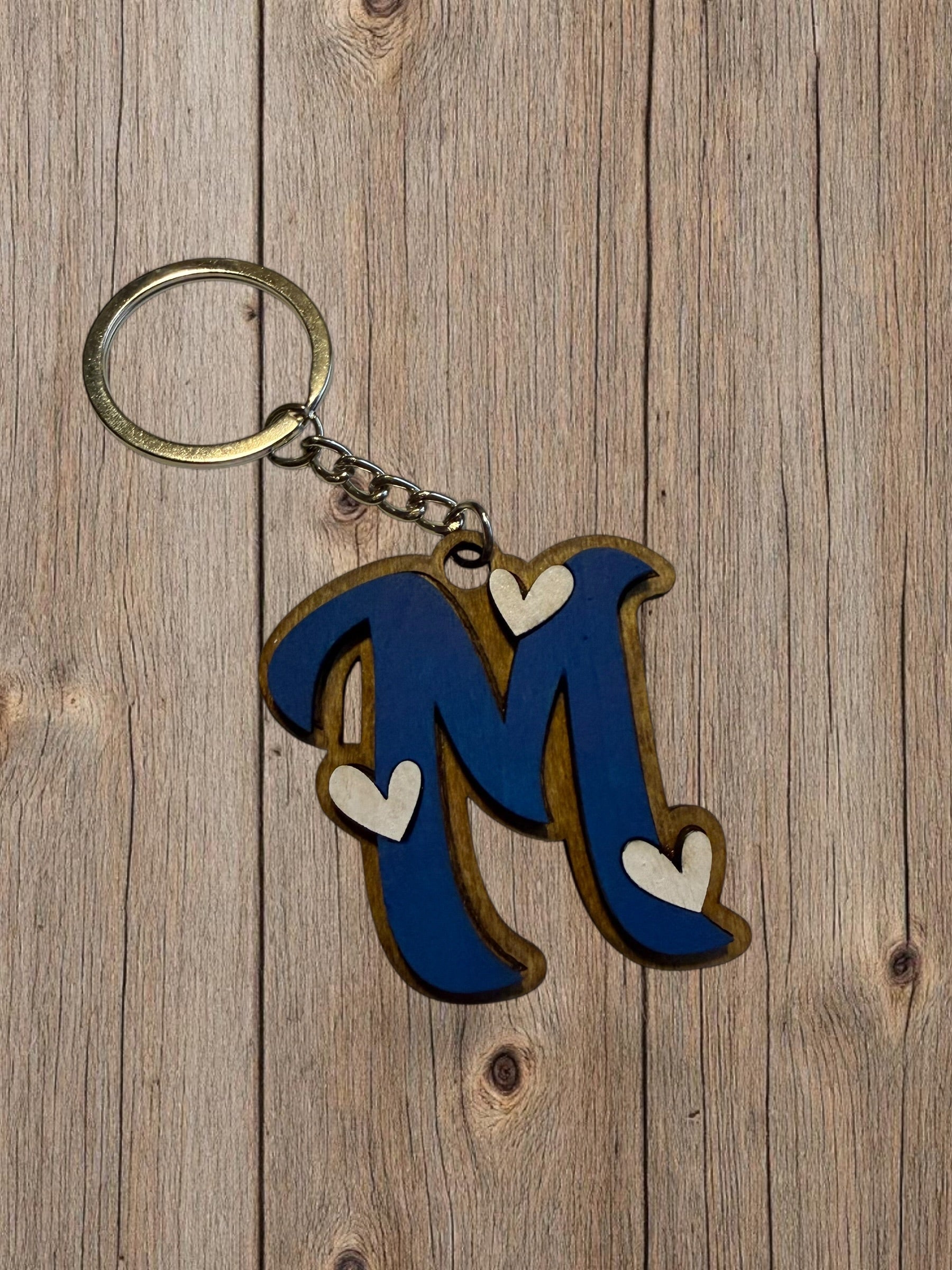 Wood Initial Keychain with Hearts