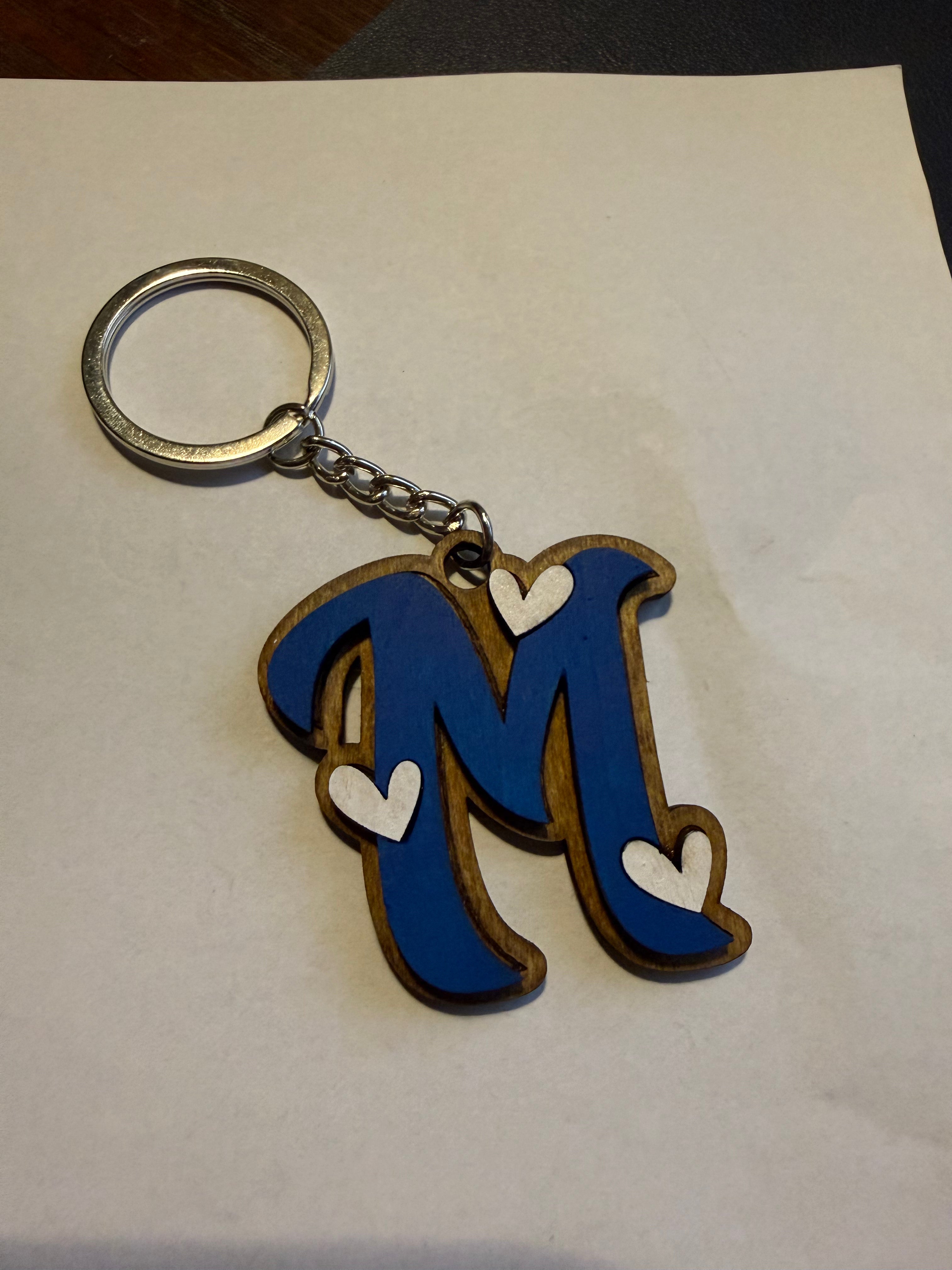 Wood Initial Keychain with Hearts