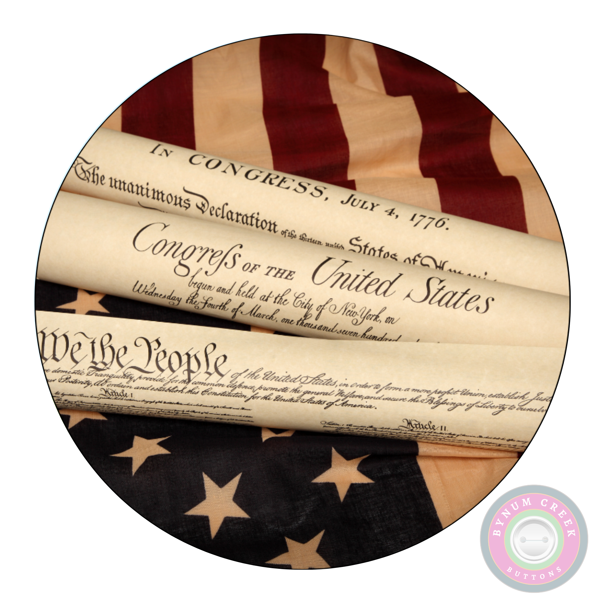 Roll of paper with text on an American flag background