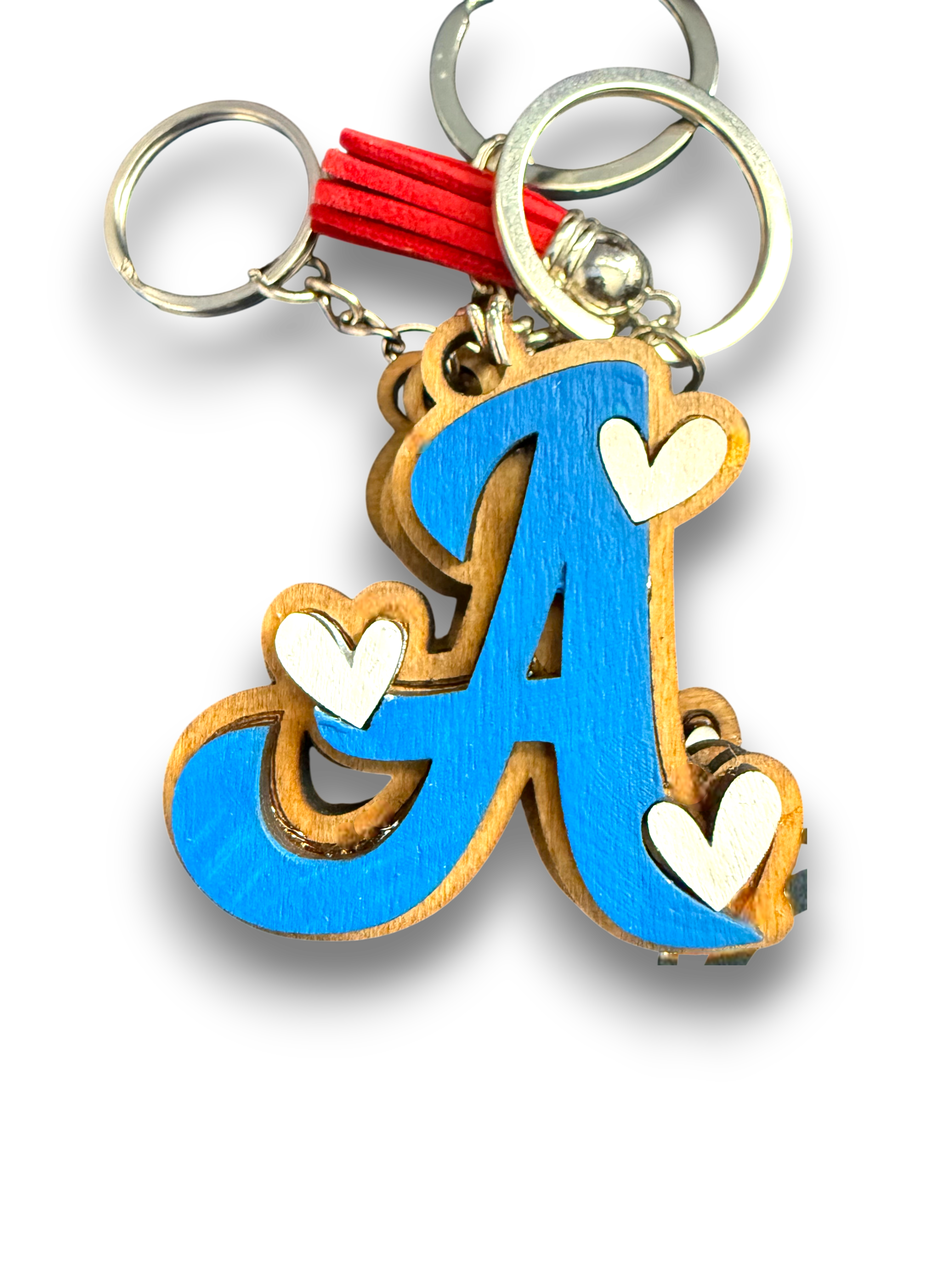Wood Initial Keychain with Hearts